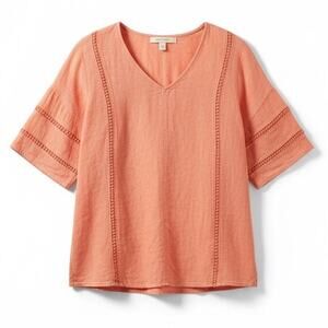 Ellen Tracy Orange Coral Linen Blend Tunic Top Boho Relaxed Large Summer Spring